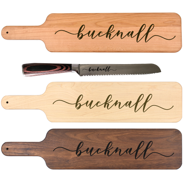 Baguette Cutting Board w/ Bread Knife Set Wavy Font Design