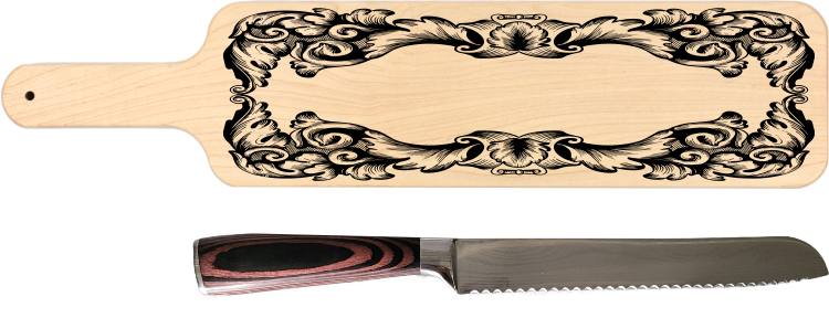 Baguette Cutting Board w/ Bread Knife Set Ornate Design
