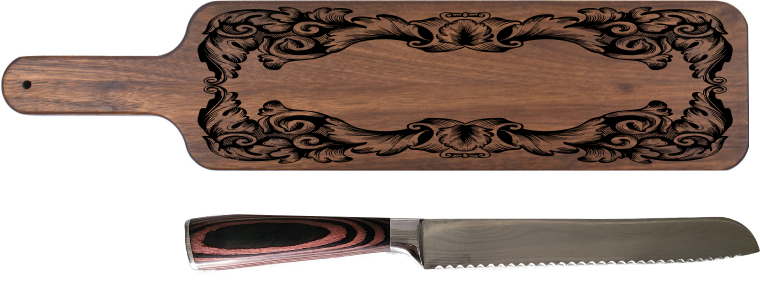 Baguette Cutting Board w/ Bread Knife Set Ornate Design